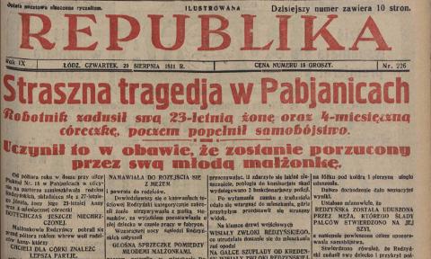 Zbrodnia w Pabianicach - artykuł na pierwszej stronie gazety Republika z 1931 roku