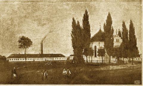 1875 rok. Widok na centrum Pabianic z ulicy Zamkowej.